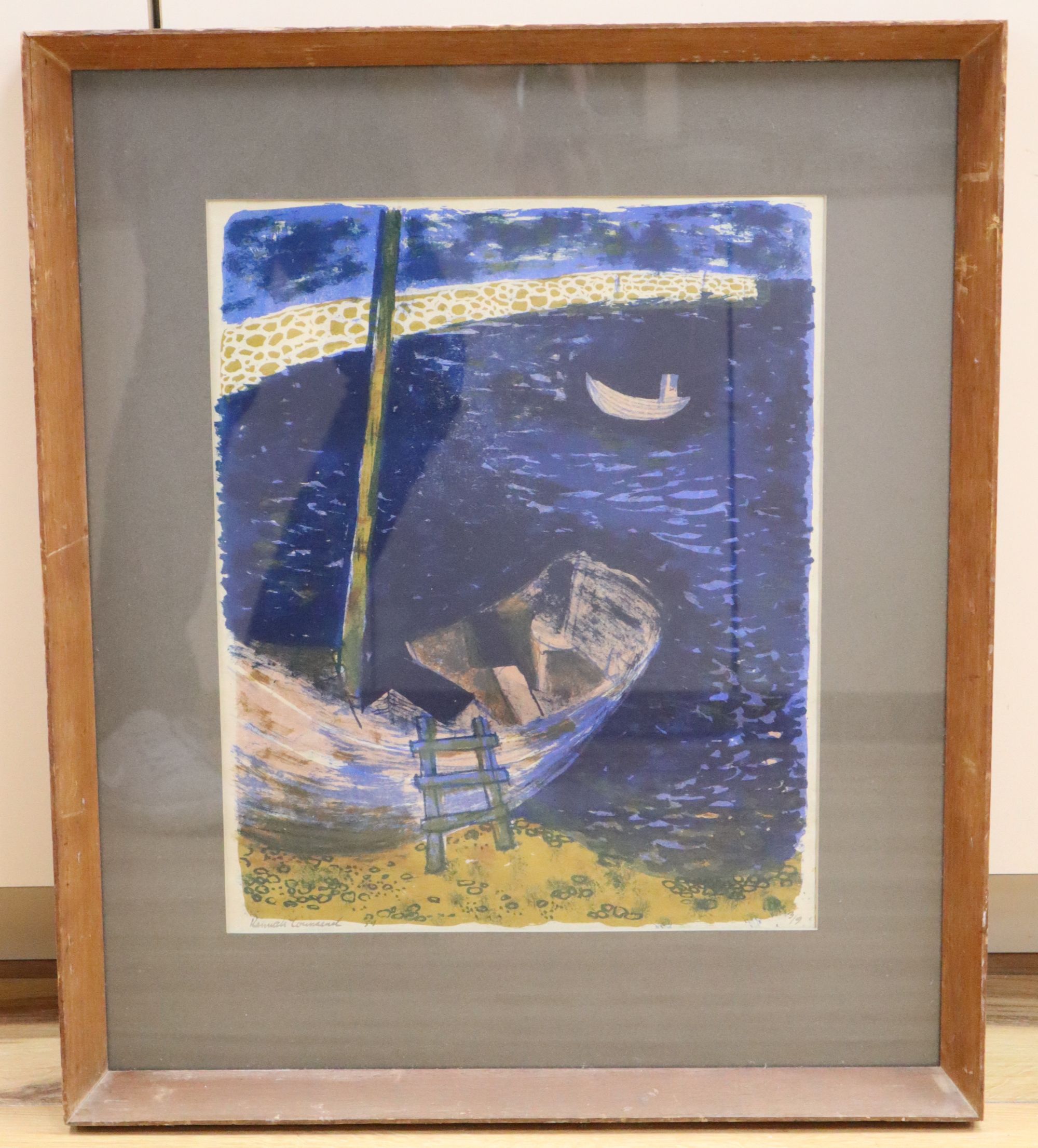 Kenneth Townsend, linocut, Red boats, signed, dated 59 and numbered 3/9, 41 x 33cm